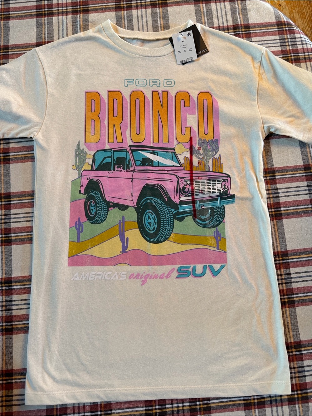 Off-White White Tee with Pink Bronco and Yellow Lettering